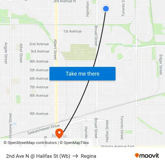 2nd Ave N @ Halifax St (Wb) to Regina map