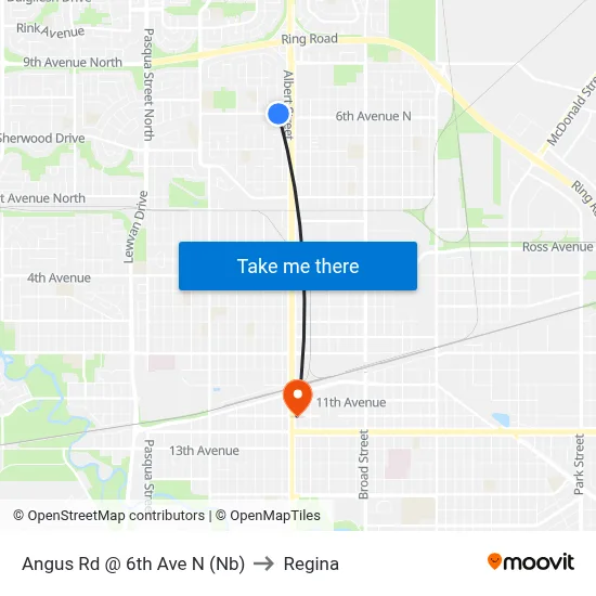 Angus Rd @ 6th Ave N (Nb) to Regina map