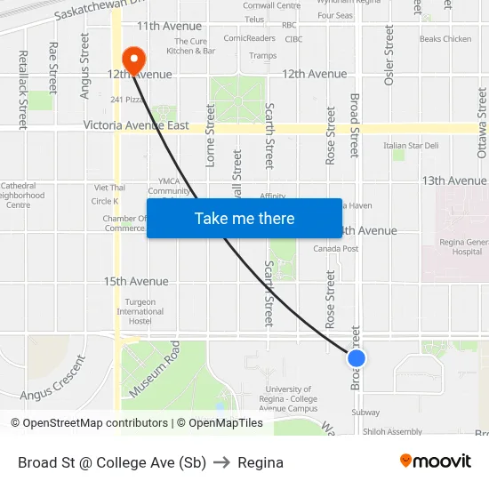 Broad St @ College Ave (Sb) to Regina map