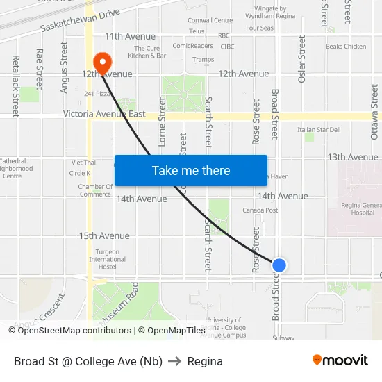 Broad St @ College Ave (Nb) to Regina map