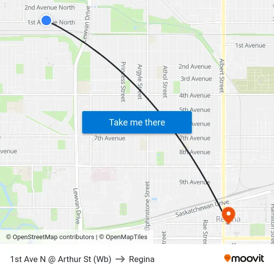 1st Ave N @ Arthur St (Wb) to Regina map