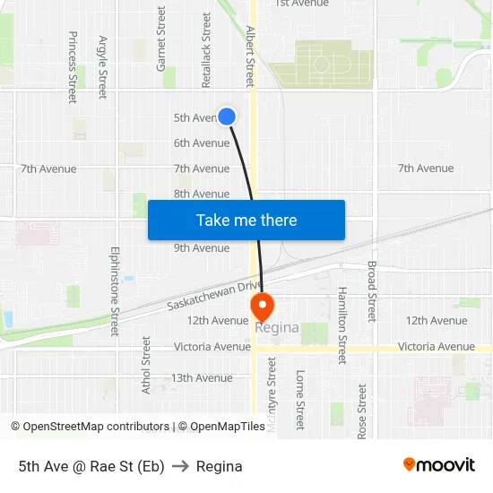 5th Ave @ Rae St (Eb) to Regina map