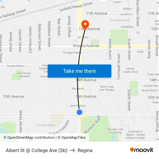 Albert St @ College Ave (Sb) to Regina map