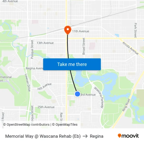 Memorial Way @ Wascana Rehab (Eb) to Regina map