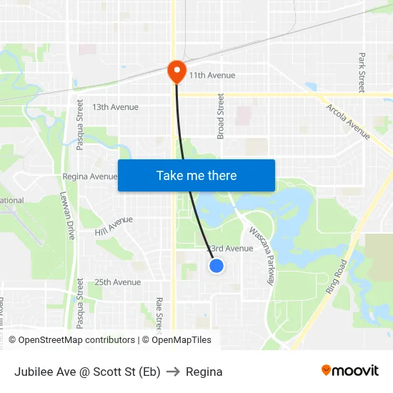 Jubilee Ave @ Scott St (Eb) to Regina map