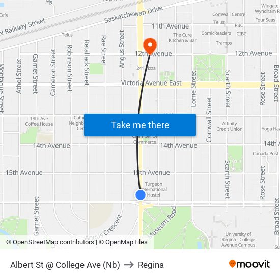 Albert St @ College Ave (Nb) to Regina map