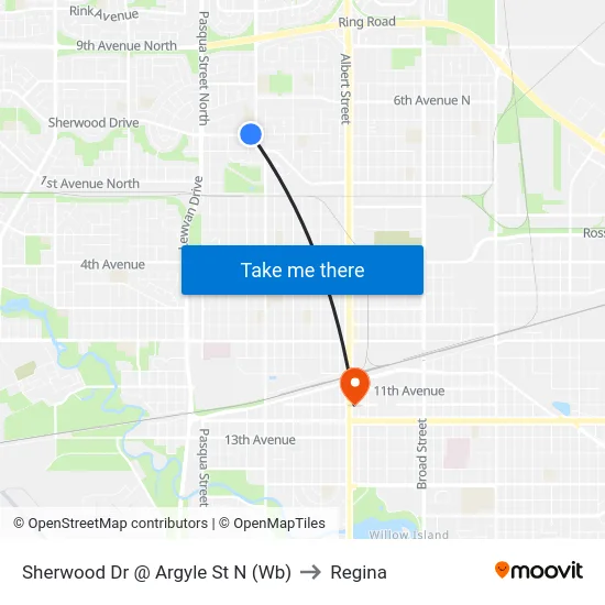 Sherwood Dr @ Argyle St N (Wb) to Regina map