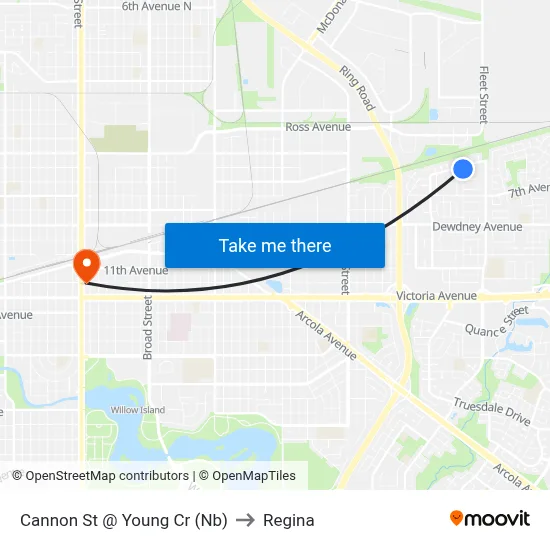 Cannon St @ Young Cr (Nb) to Regina map