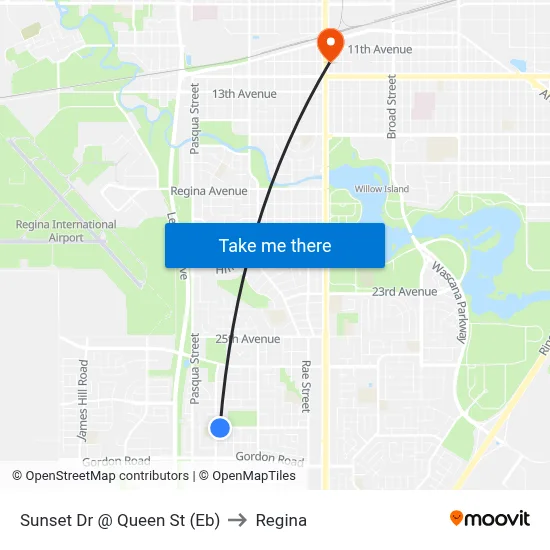 Sunset Dr @ Queen St (Eb) to Regina map