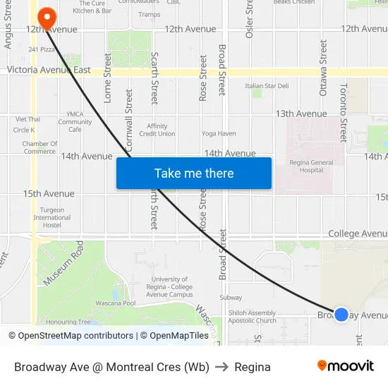 Broadway Ave @ Montreal Cres (Wb) to Regina map