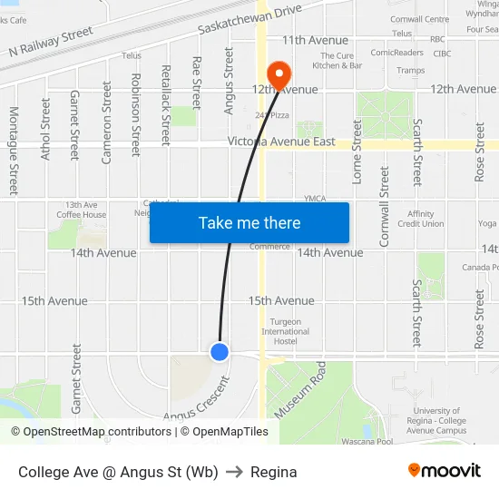 College Ave @ Angus St (Wb) to Regina map