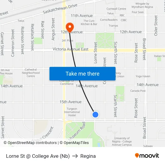 Lorne St @ College Ave (Nb) to Regina map