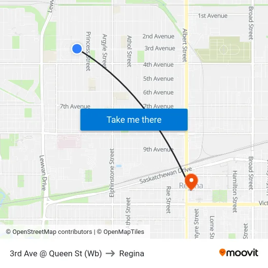 3rd Ave @ Queen St (Wb) to Regina map