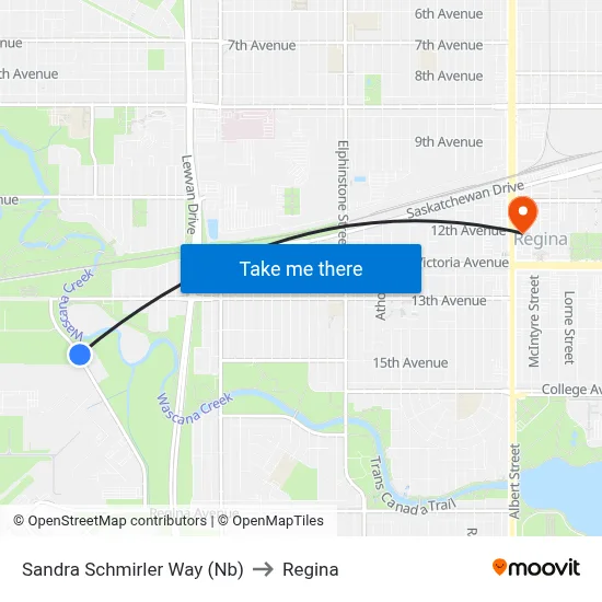 Sandra Schmirler Way (Nb) to Regina map