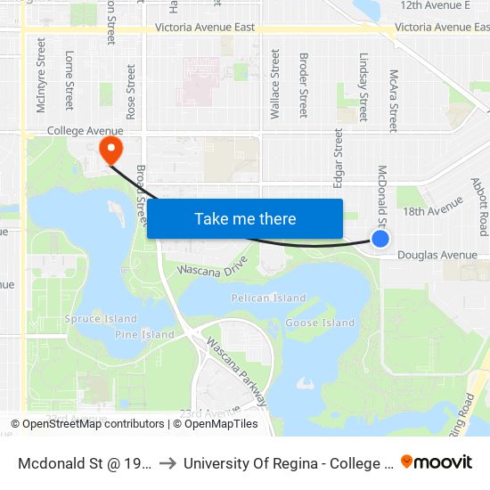 Mcdonald St @ 19th Ave (Sb) to University Of Regina - College Avenue Campus map