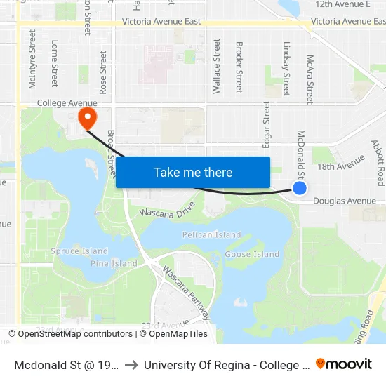 Mcdonald St @ 19th Ave (Sb) to University Of Regina - College Avenue Campus map