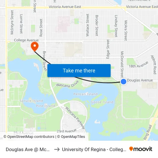 Douglas Ave @ Mcdonald St (Eb) to University Of Regina - College Avenue Campus map