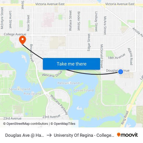 Douglas Ave @ Harvey St (Eb) to University Of Regina - College Avenue Campus map