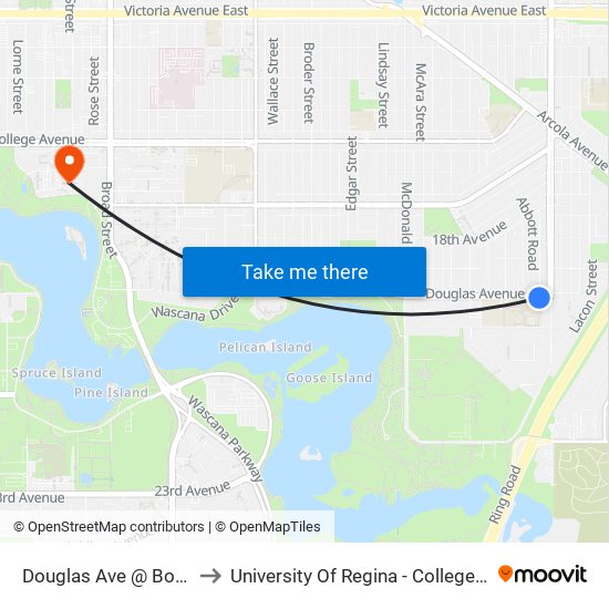 Douglas Ave @ Borden St (Eb) to University Of Regina - College Avenue Campus map