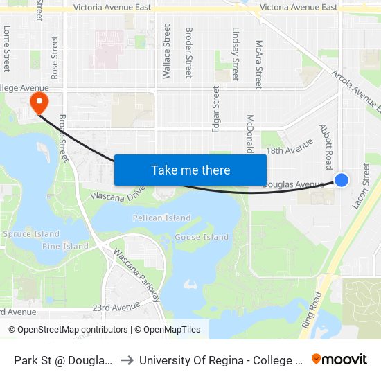 Park St @ Douglas Ave (Nb) to University Of Regina - College Avenue Campus map