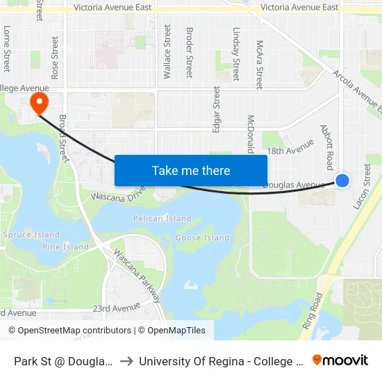 Park St @ Douglas Ave (Nb) to University Of Regina - College Avenue Campus map