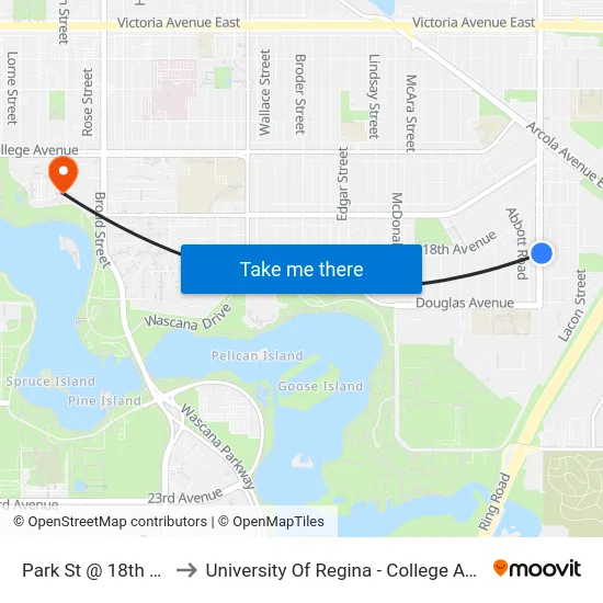 Park St @ 18th Ave (Nb) to University Of Regina - College Avenue Campus map