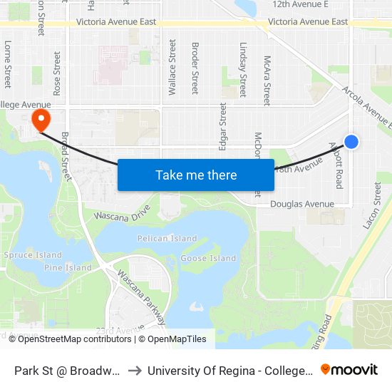 Park St @ Broadway Ave (Nb) to University Of Regina - College Avenue Campus map