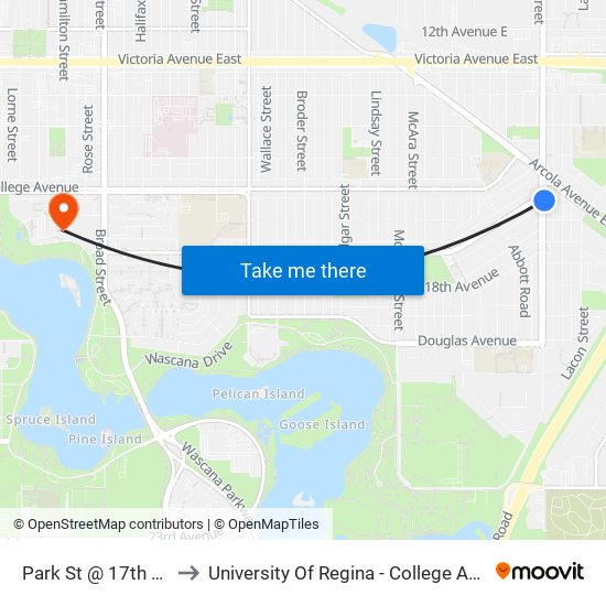 Park St @ 17th Ave (Nb) to University Of Regina - College Avenue Campus map