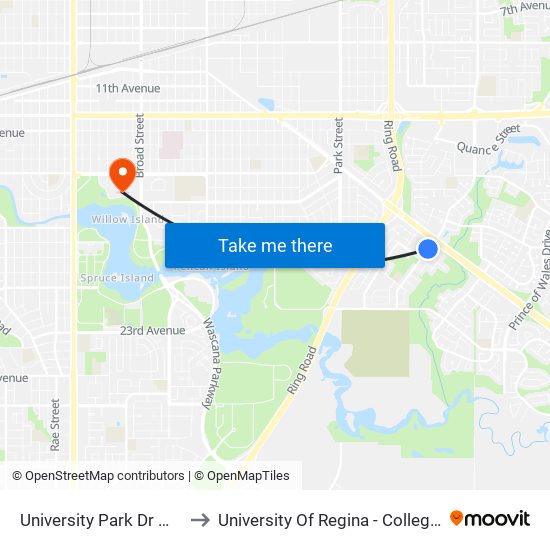 University Park Dr @ Laval Dr (Sb) to University Of Regina - College Avenue Campus map