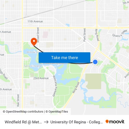 Windfield Rd @ Metcalfe Rd (Sb) to University Of Regina - College Avenue Campus map