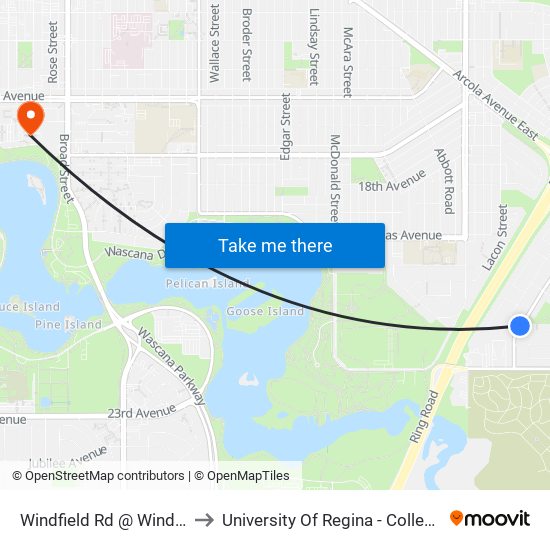 Windfield Rd @ Windfield Gate (Sb) to University Of Regina - College Avenue Campus map