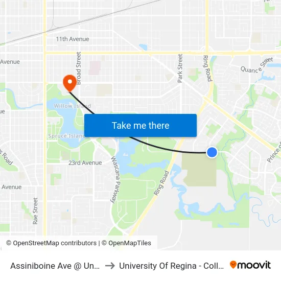 Assiniboine Ave @ University Pk Dr (Eb) to University Of Regina - College Avenue Campus map