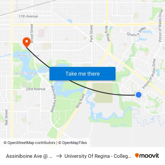 Assiniboine Ave @ Philip Rd (Eb) to University Of Regina - College Avenue Campus map