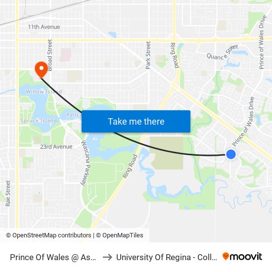 Prince Of Wales @ Assiniboine Ave (Nb) to University Of Regina - College Avenue Campus map