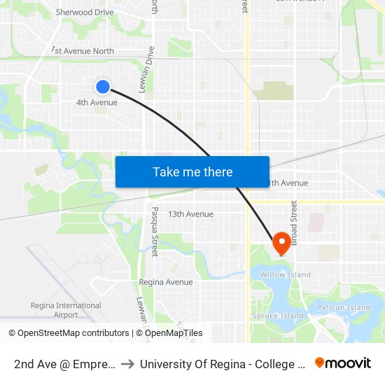 2nd Ave @ Empress St (Eb) to University Of Regina - College Avenue Campus map