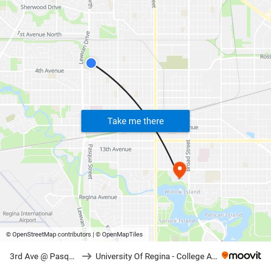 3rd Ave @ Pasqua St (Eb) to University Of Regina - College Avenue Campus map