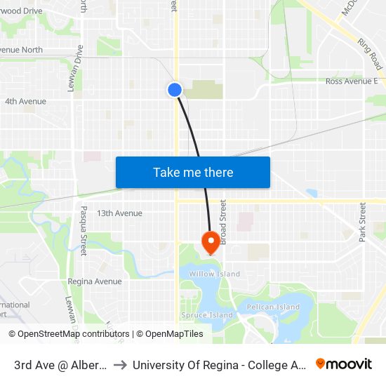 3rd Ave @ Albert St (Eb) to University Of Regina - College Avenue Campus map