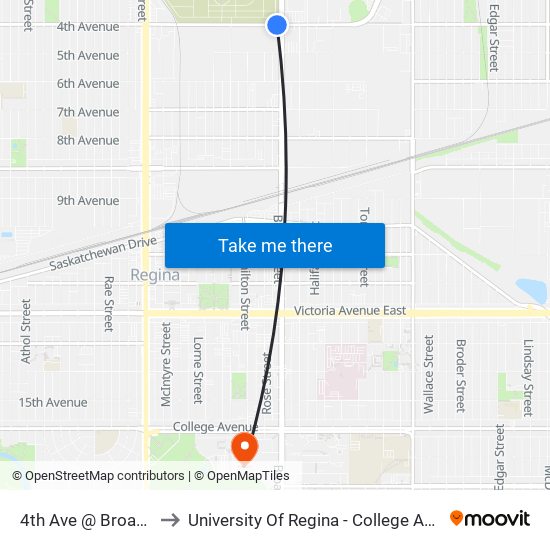 4th Ave @ Broad St (Eb) to University Of Regina - College Avenue Campus map