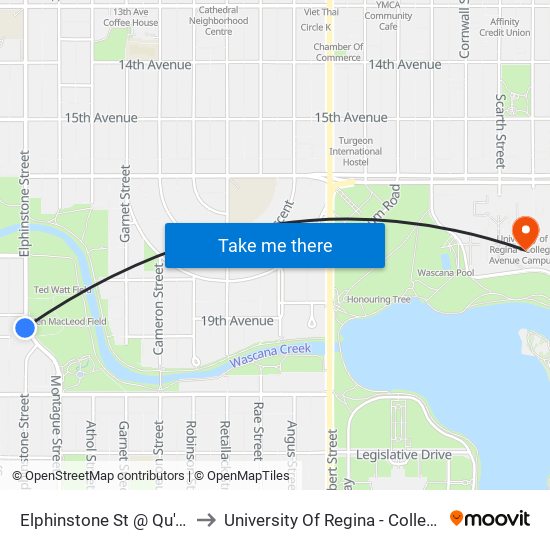 Elphinstone St @ Qu'Appelle Dr (Sb) to University Of Regina - College Avenue Campus map