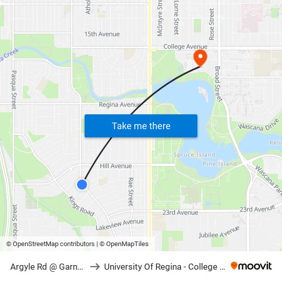 Argyle Rd @ Garner Ave (Sb) to University Of Regina - College Avenue Campus map