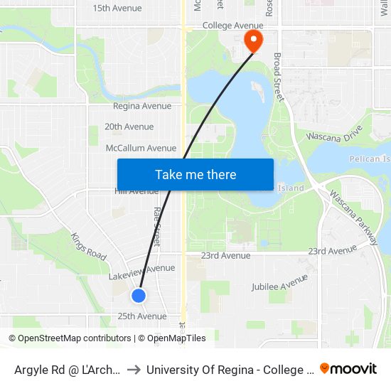 Argyle Rd @ L'Arche Cres (Sb) to University Of Regina - College Avenue Campus map