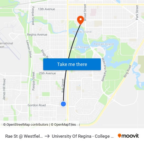 Rae St @ Westfield Rd (Nb) to University Of Regina - College Avenue Campus map