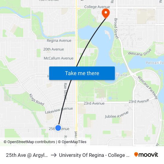 25th Ave @ Argyle Rd (Wb) to University Of Regina - College Avenue Campus map