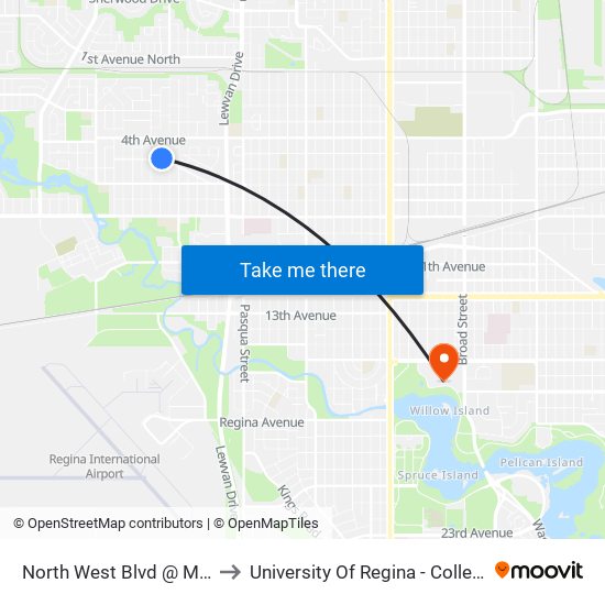 North West Blvd @ Mcintosh St (Wb) to University Of Regina - College Avenue Campus map