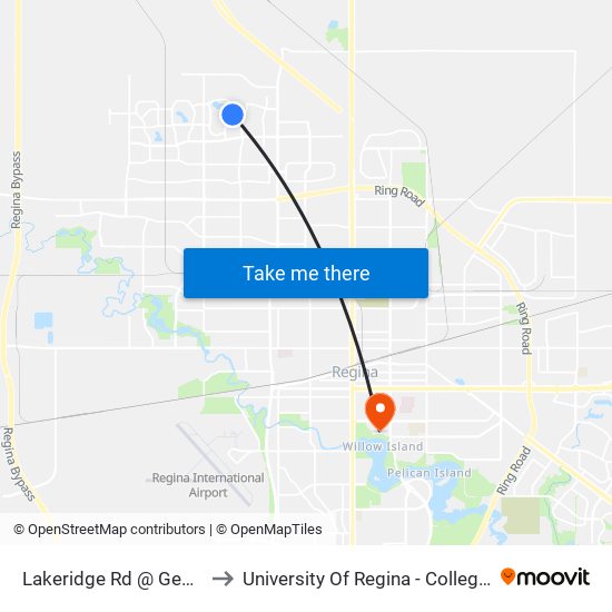 Lakeridge Rd @ Genereux Dr (Nb) to University Of Regina - College Avenue Campus map