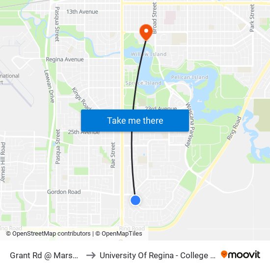 Grant Rd @ Marsh Cres (Nb) to University Of Regina - College Avenue Campus map