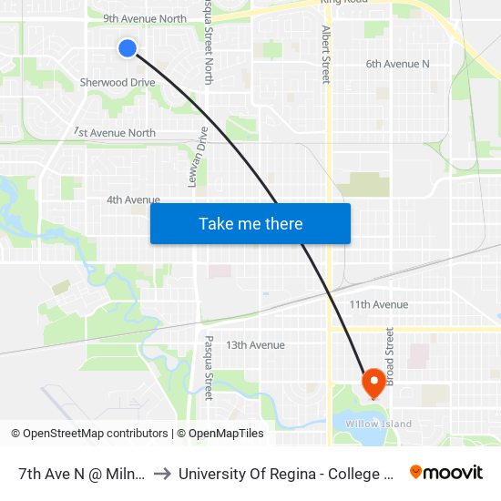 7th Ave N @ Milne St (Wb) to University Of Regina - College Avenue Campus map