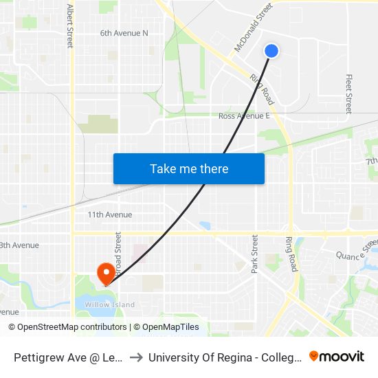 Pettigrew Ave @ Leonard St (Eb) to University Of Regina - College Avenue Campus map