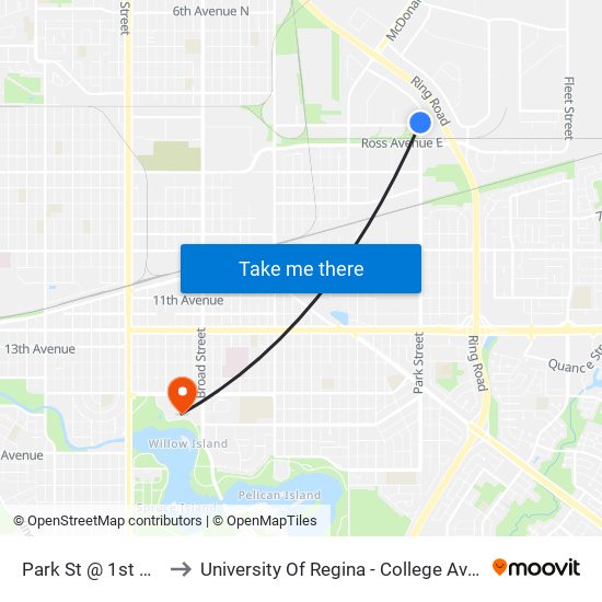 Park St @ 1st Ave (Sb) to University Of Regina - College Avenue Campus map