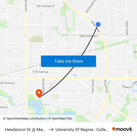 Henderson Dr @ Maxwell Cres (Nb) to University Of Regina - College Avenue Campus map